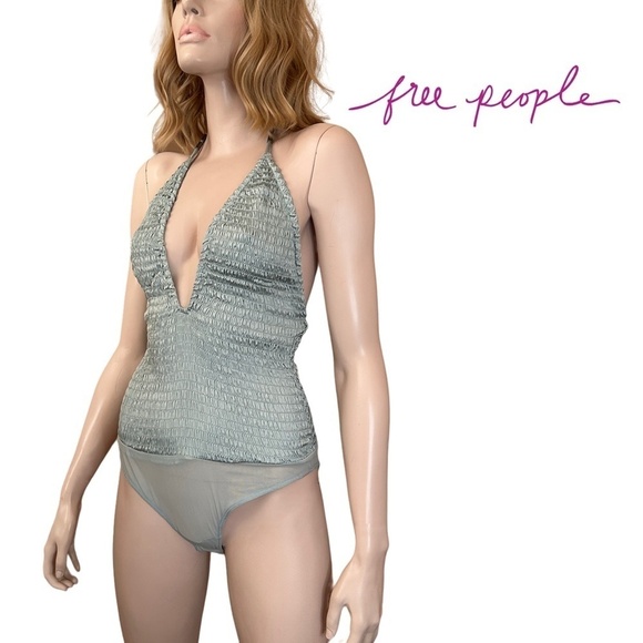 Intimately Free People Bodysuit Top Leotard Shirred Backless Deep V Plunge Neck - Picture 15 of 16